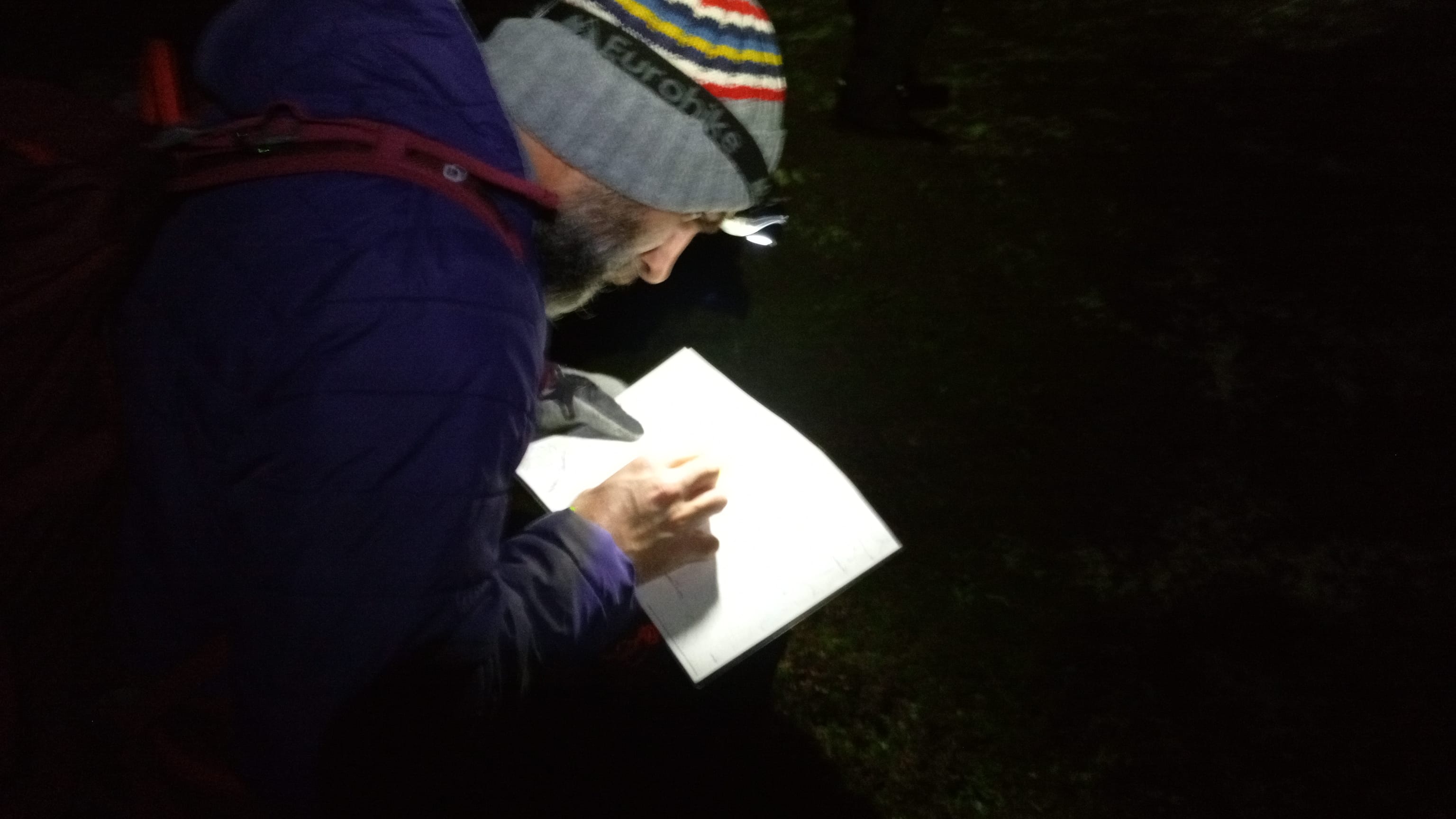 Man on a night navigation course interpreting the map.