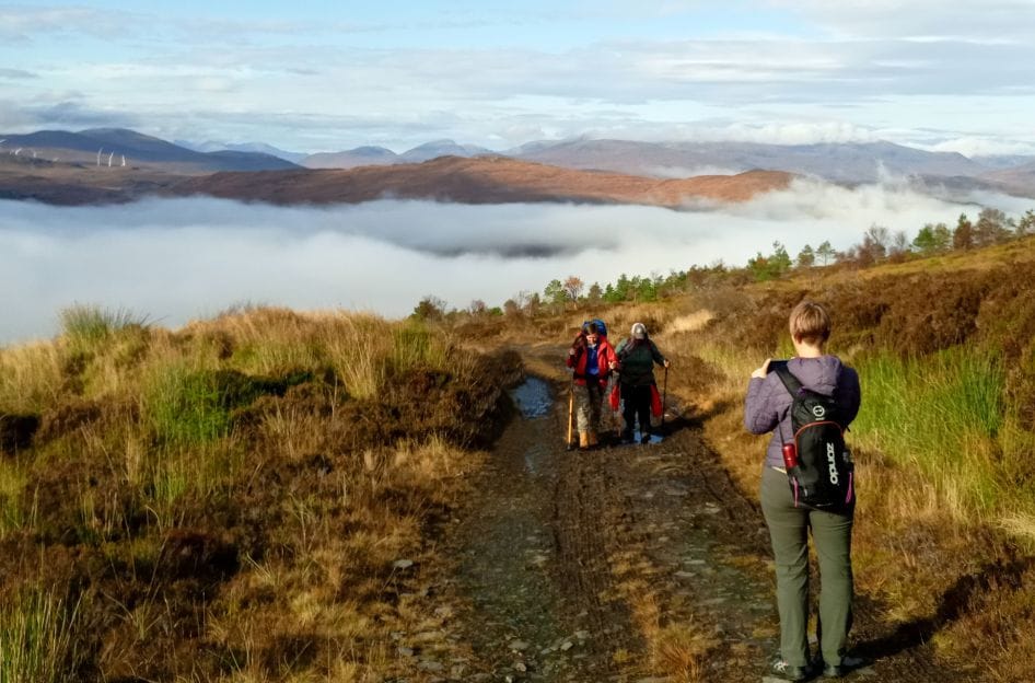 A group walking uphill on a path